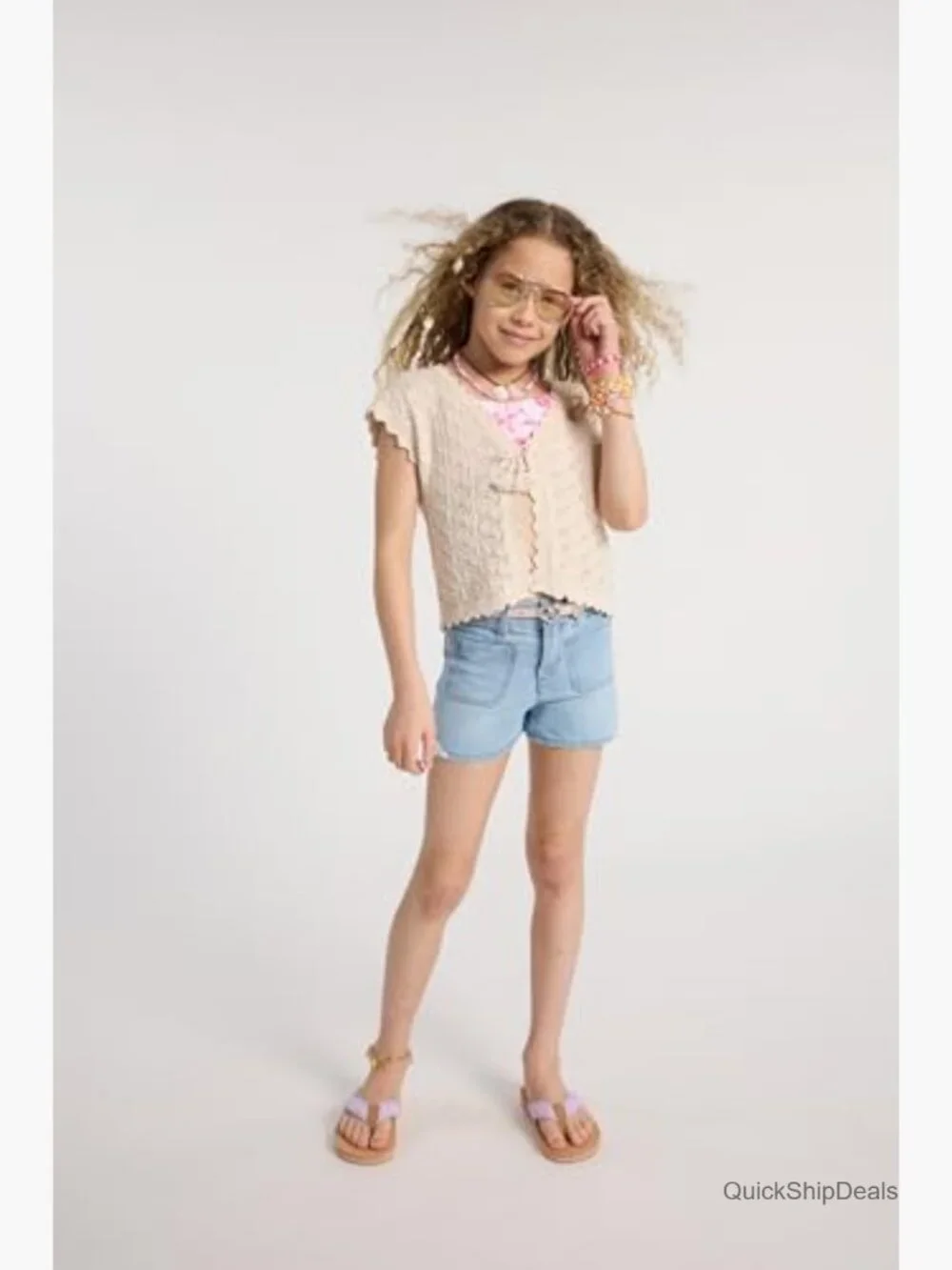 Girls Short Sleeve Sweater Shrug Crochet Pointelle V-Neck Button Front